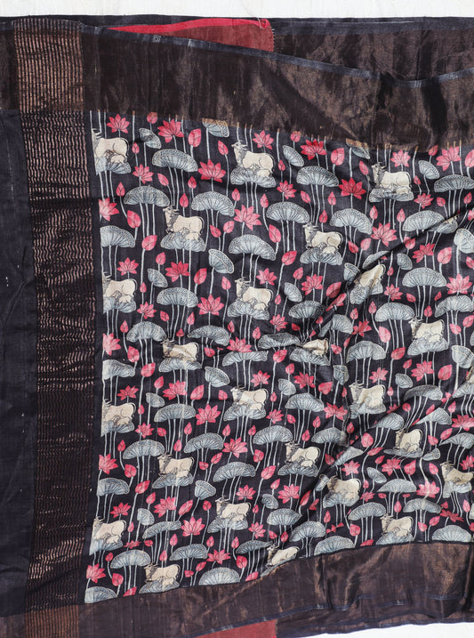 Black Tussar Silk Saree with Tribal Cow & Lotus Motif Print