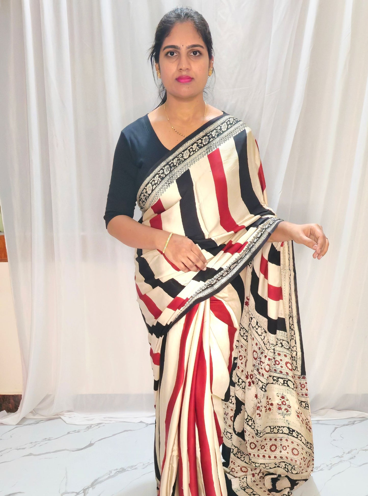 Ivory Beige Pure Modal Silk Saree with Bold Stripes & Traditional Printed Border