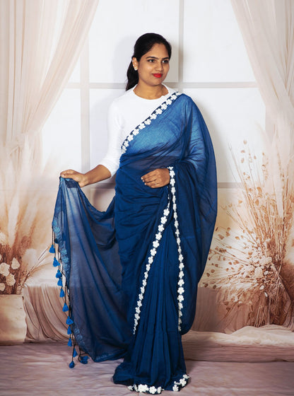 Royal Blue Mul Cotton Saree with White Floral Lace Border
