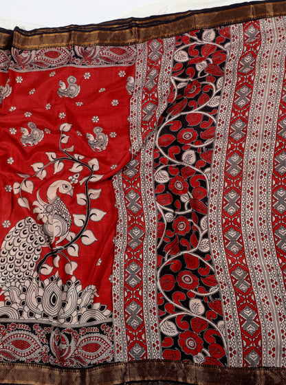Red Kalamkari Mangalagiri Silk Saree with Peacock & Floral Motifs
