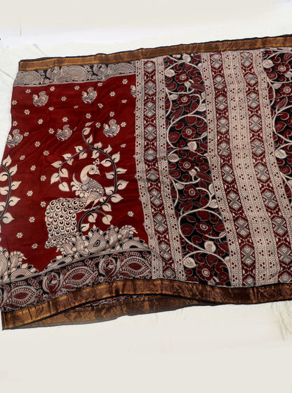 Maroon Kalamkari Mangalagiri Silk Saree with Peacock & Floral Motifs