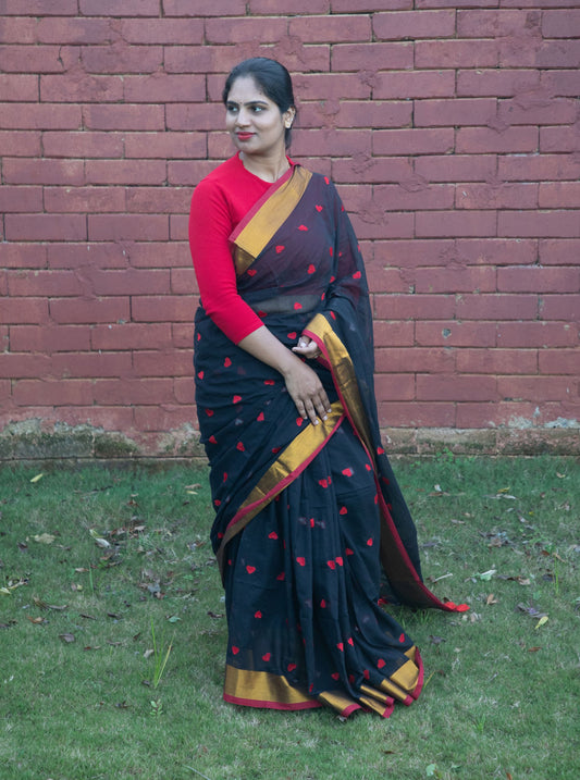 Black Mul Cotton Saree with Red Heart Motifs & Golden Zari Border