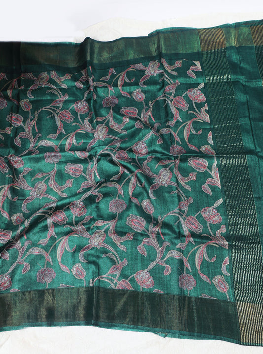 Emerald Green Tussar Silk Saree with Floral Vine Print & Subtle Border