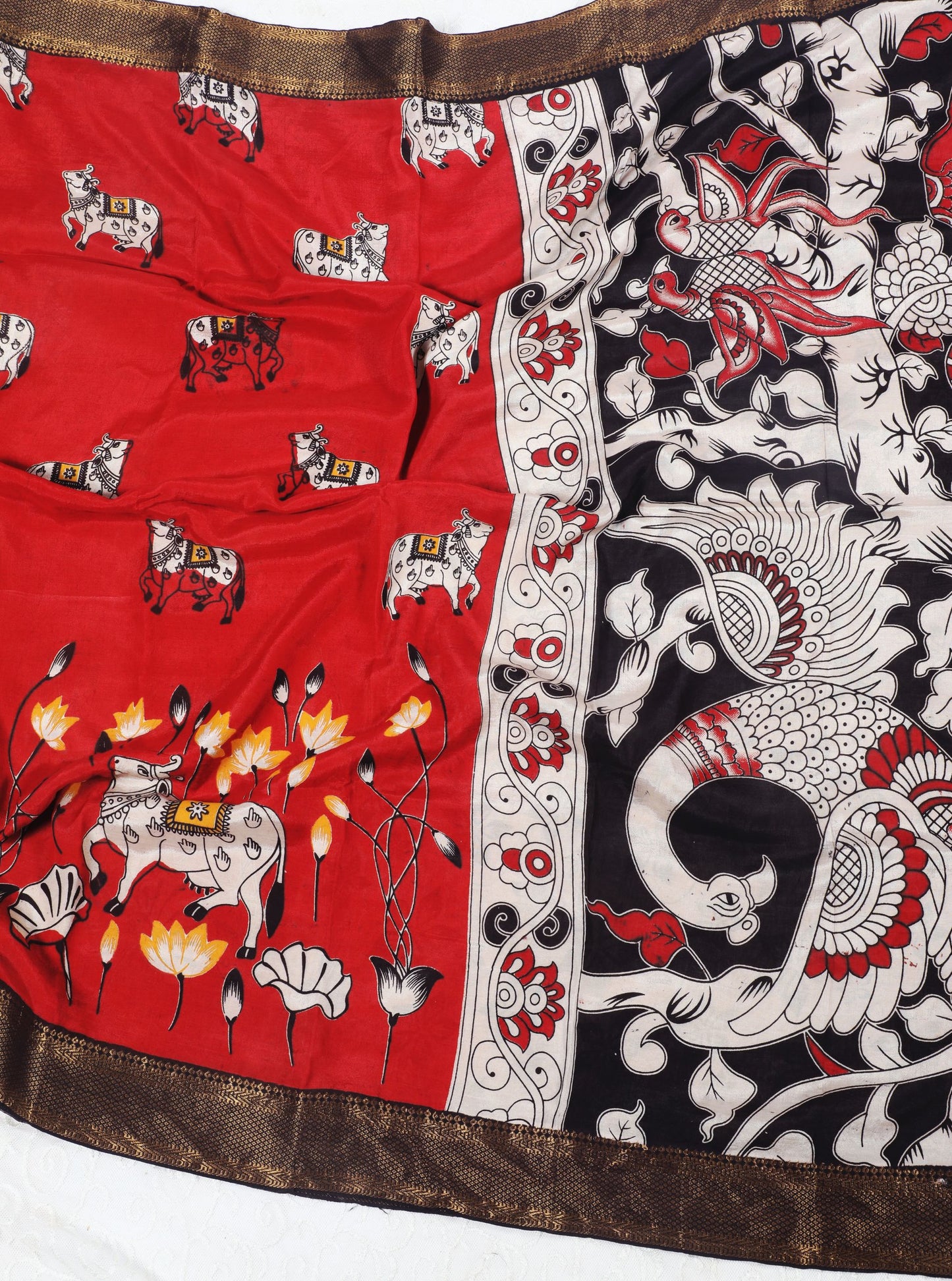 Red Kalamkari Mangalagiri Silk Saree with Sacred Cow & Lotus Motifs