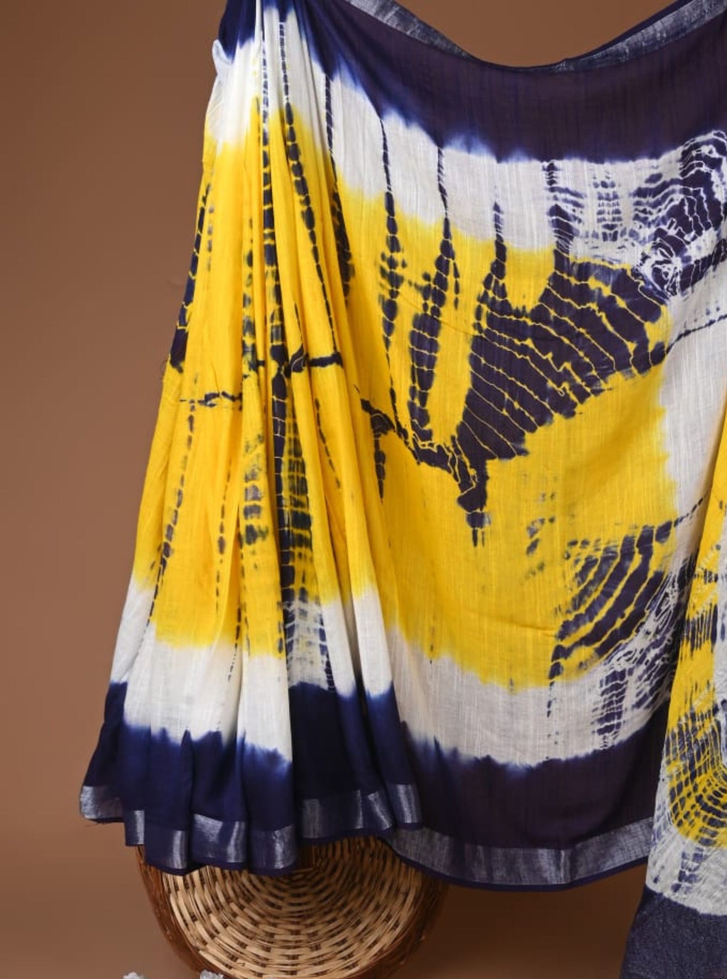 Yellow & Navy Blue Linen Cotton Saree with Abstract Tie-Dye Inspired Patterns