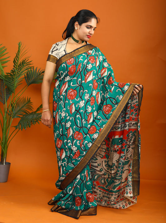 Teal Green Kalamkari Saree with Traditional Floral Print & Contrast Border