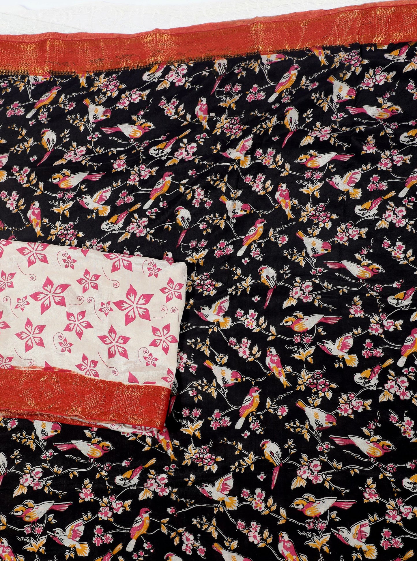 Black Kalamkari Mangalagiri Silk Saree with Handcrafted Bird & Floral Motifs