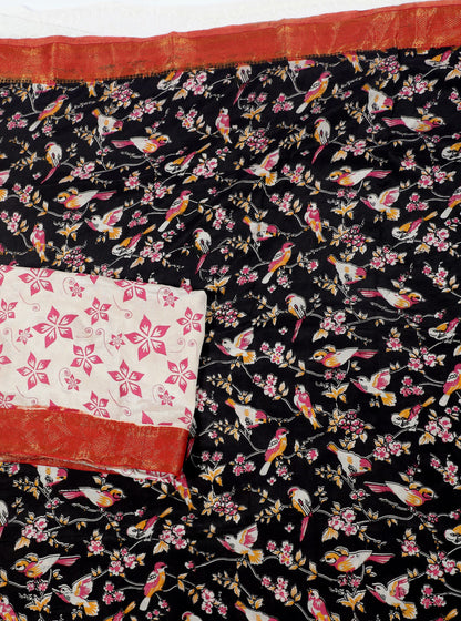 Black Kalamkari Mangalagiri Silk Saree with Handcrafted Bird & Floral Motifs