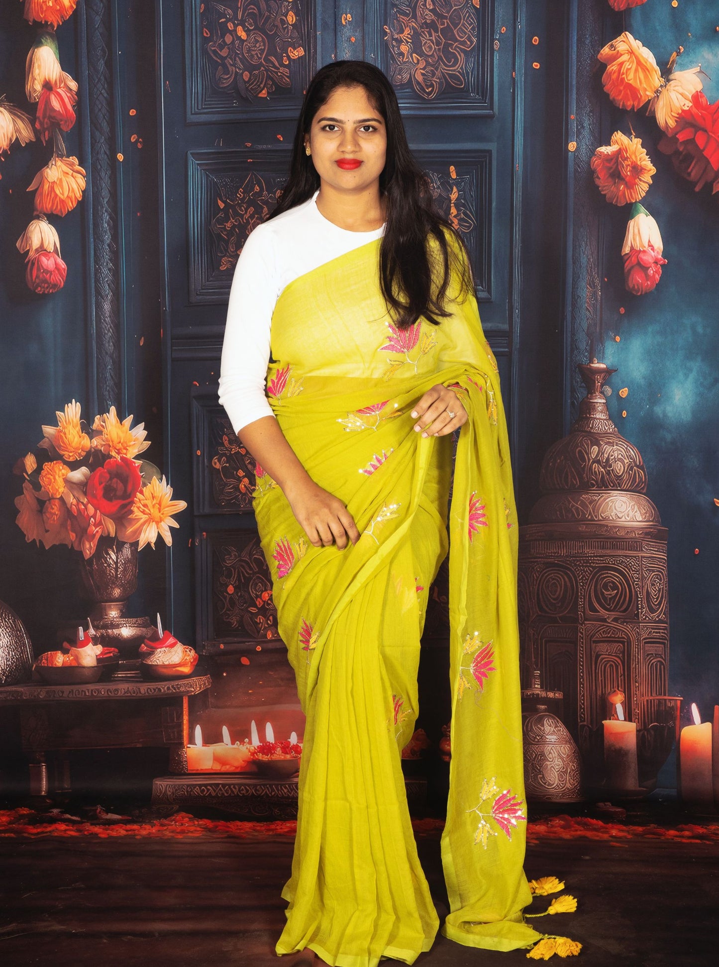 Lime Green Mul Cotton Saree with Hand-Painted Pink Floral Motifs & Tassel Border