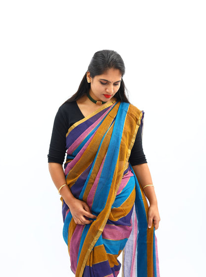 Elegant Brown, Blue and Pink Multicolor Mul Cotton Saree for Everyday Wear