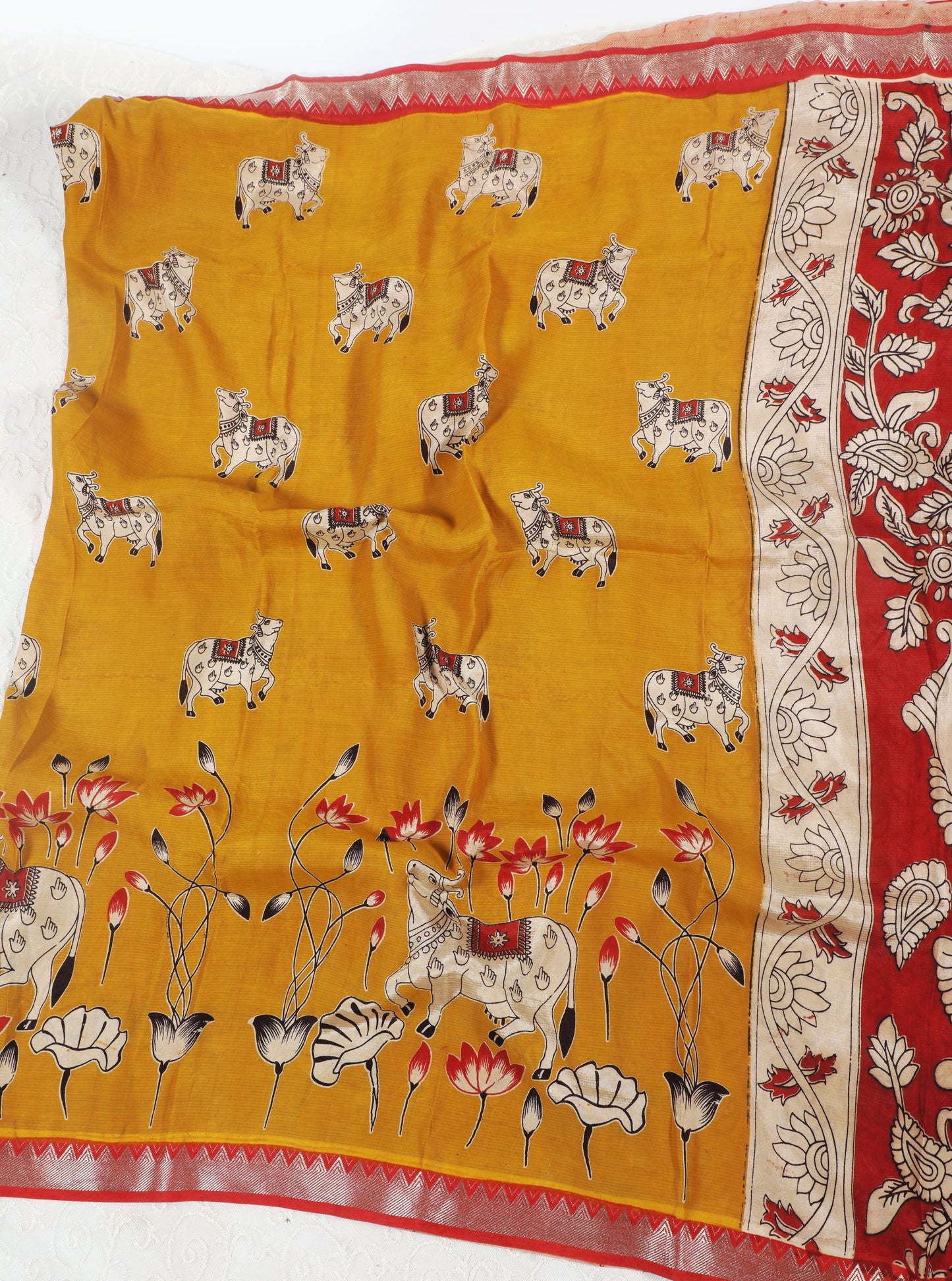 Mustard Yellow Kalamkari Mangalagiri Silk Saree with Sacred Cow Motifs