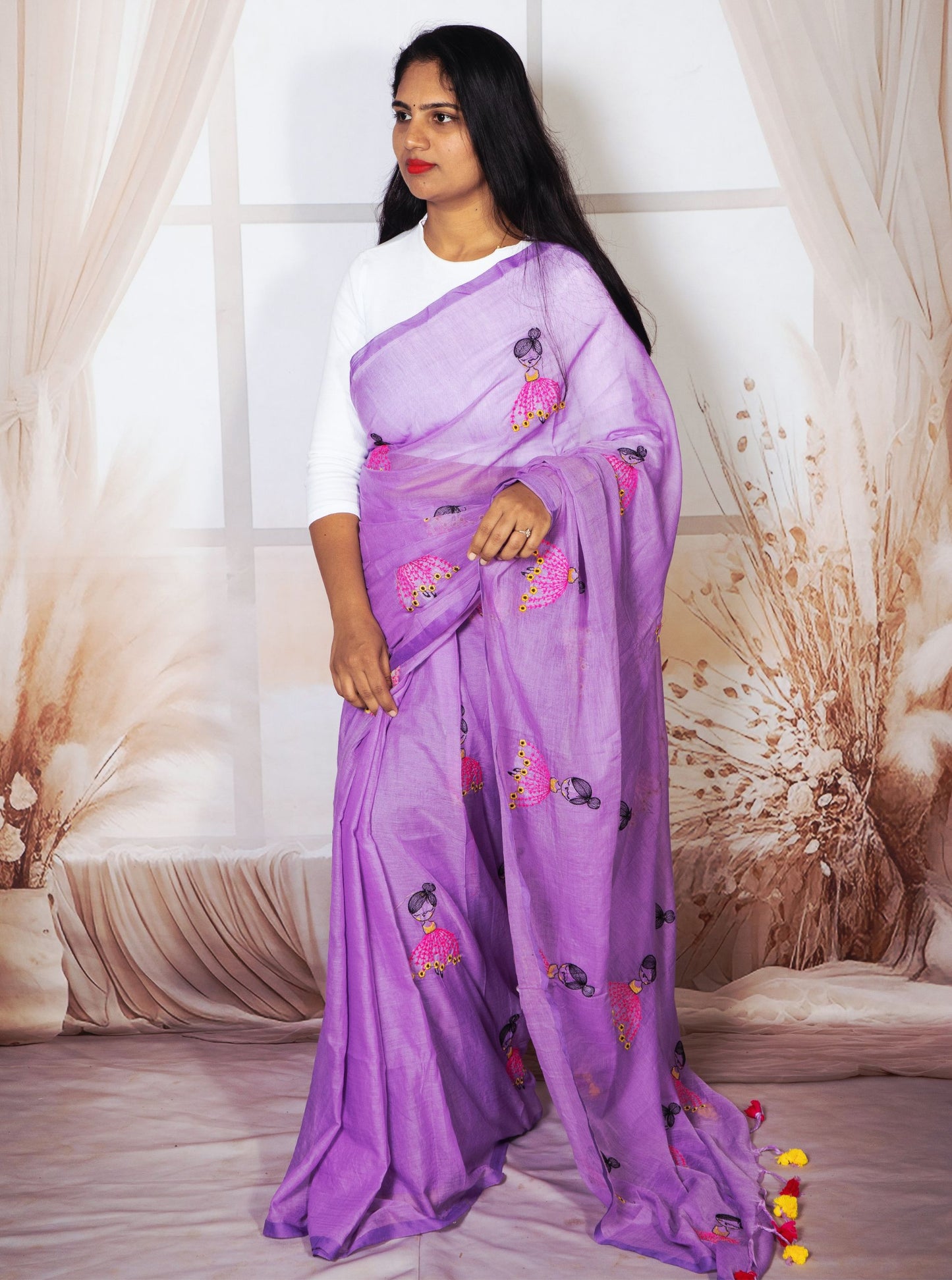 Lavender Mul Cotton Saree with Colorful Doll Embroidery & Tassel Pallu