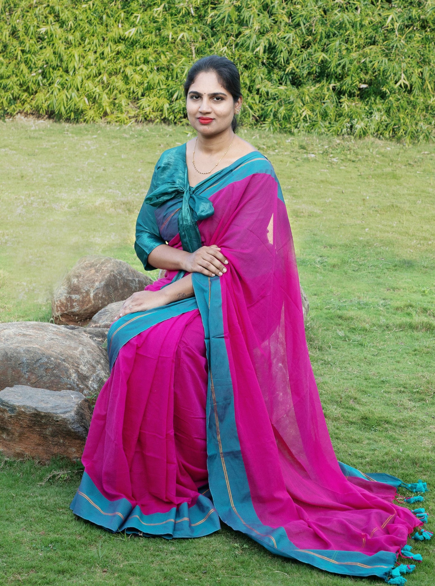 Pink & Teal Mul Cotton Saree with Contrast Border and Tassel Pallu