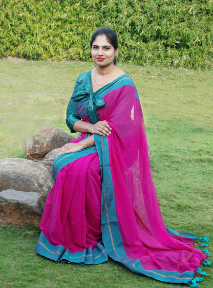 Pink & Teal Mul Cotton Saree with Contrast Border and Tassel Pallu