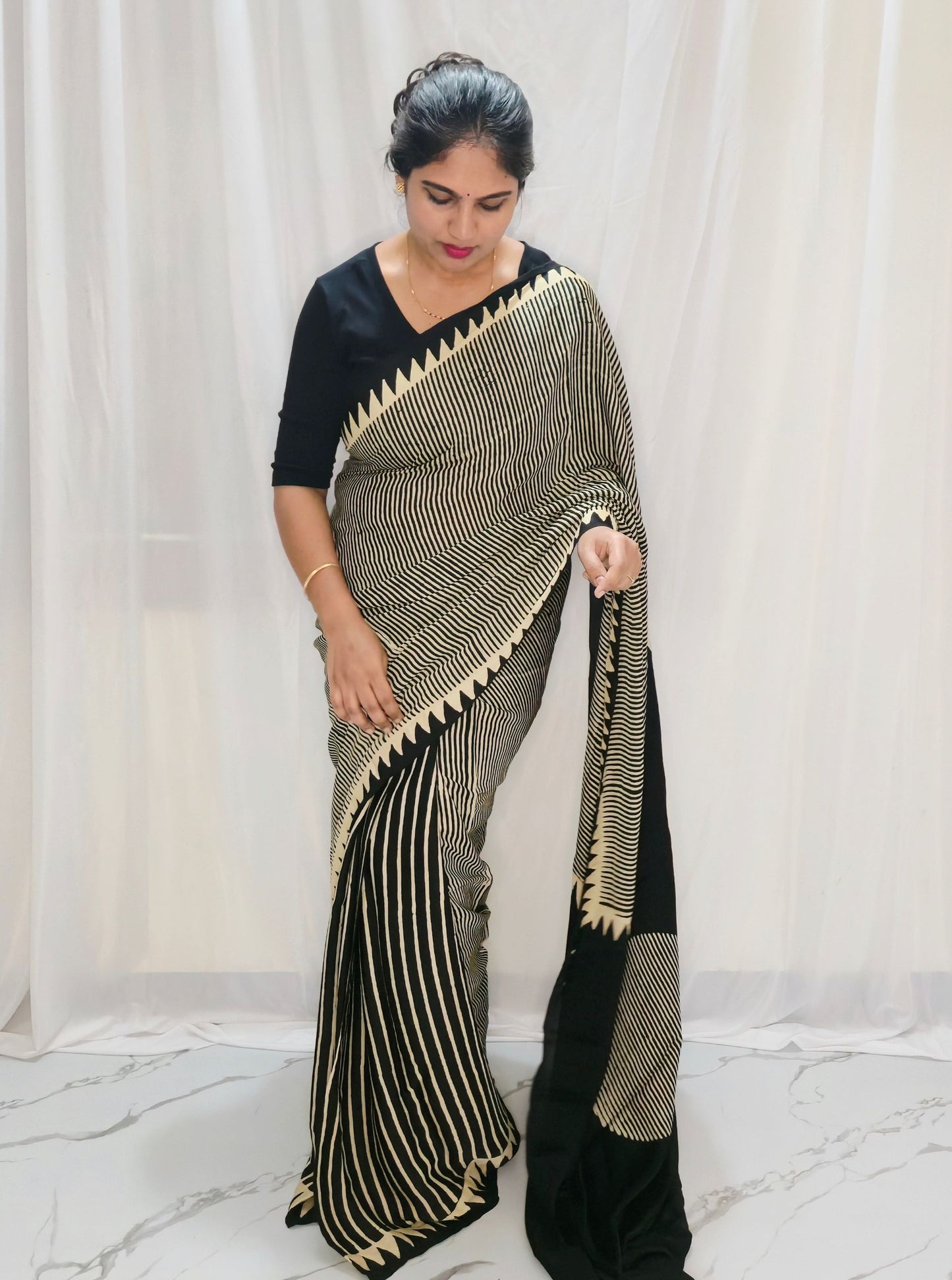 Black & Ivory Pure Modal Silk Saree with Contemporary Stripe Design