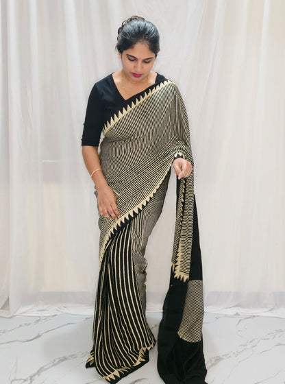 Black & Ivory Pure Modal Silk Saree with Contemporary Stripe Design