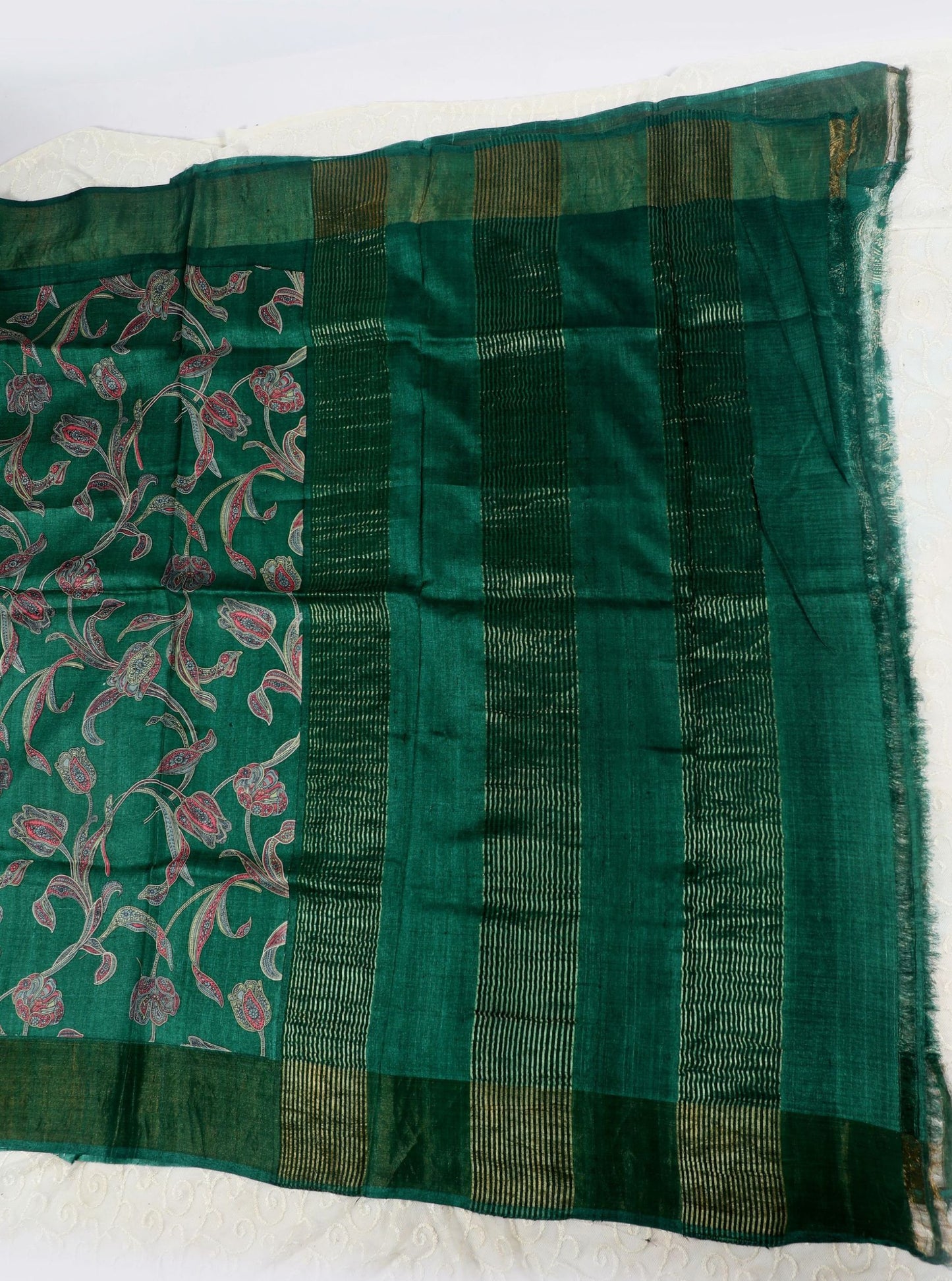 Emerald Green Tussar Silk Saree with Floral Vine Print & Subtle Border
