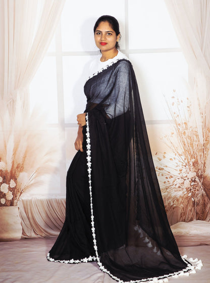 Elegant Black Mul Cotton Saree with White Floral Lace Border