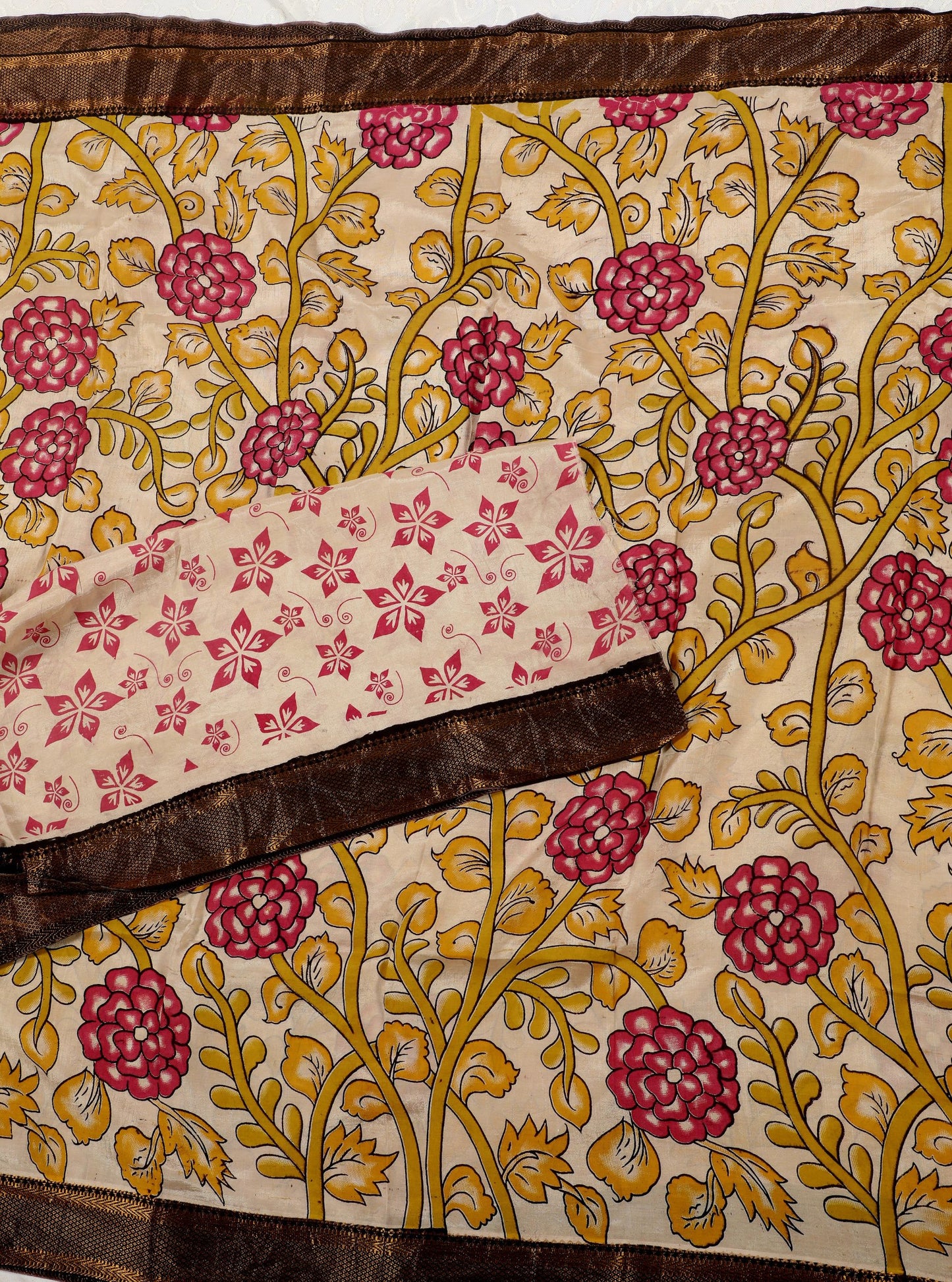 Beige Kalamkari Mangalagiri Silk Saree with Peacock & Floral Motifs