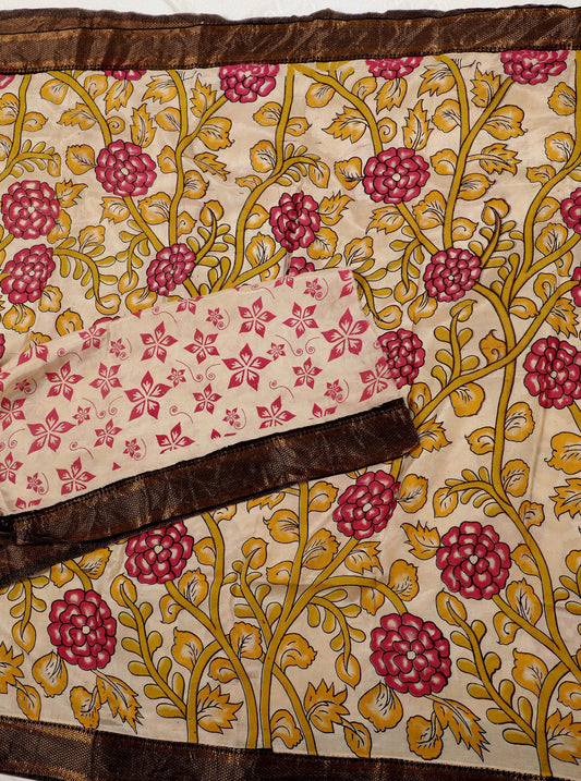 Beige Kalamkari Mangalagiri Silk Saree with Peacock & Floral Motifs