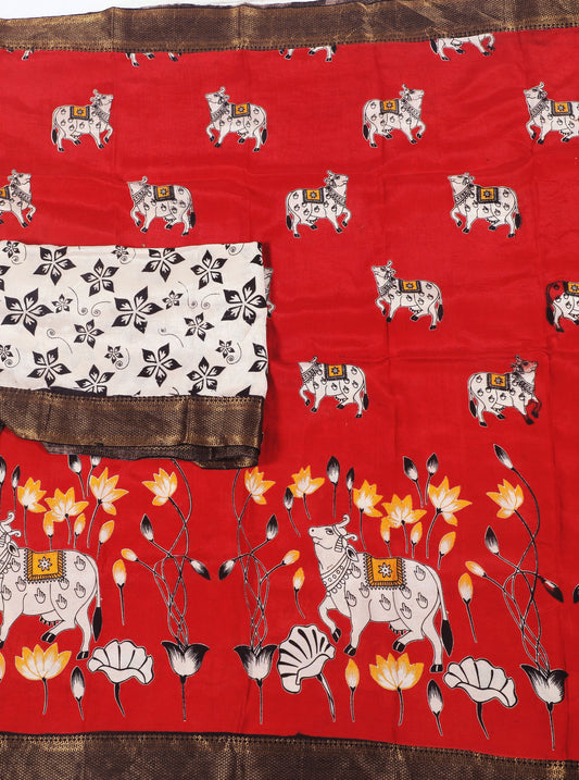 Red Kalamkari Mangalagiri Silk Saree with Sacred Cow & Lotus Motifs