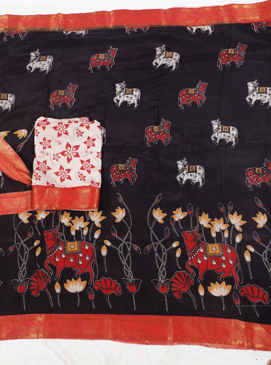 Black Kalamkari Mangalagiri Silk Saree with Sacred Cow & Lotus Motifs