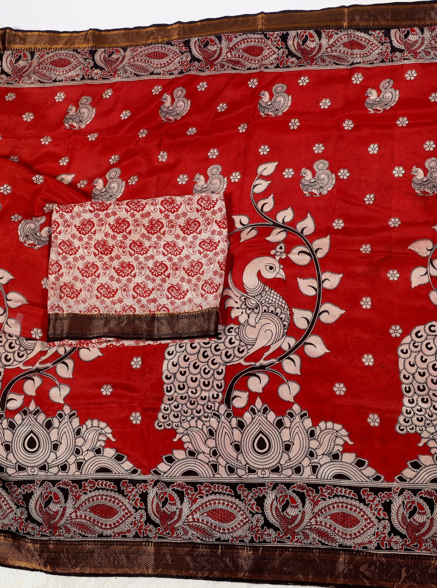 Red Kalamkari Mangalagiri Silk Saree with Peacock & Floral Motifs
