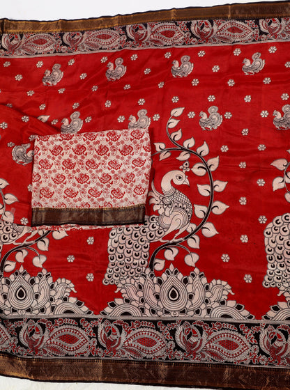 Red Kalamkari Mangalagiri Silk Saree with Peacock & Floral Motifs