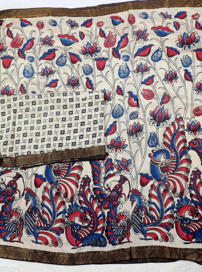 Ivory Kalamkari Mangalagiri Silk Saree with Peacock & Floral Motifs