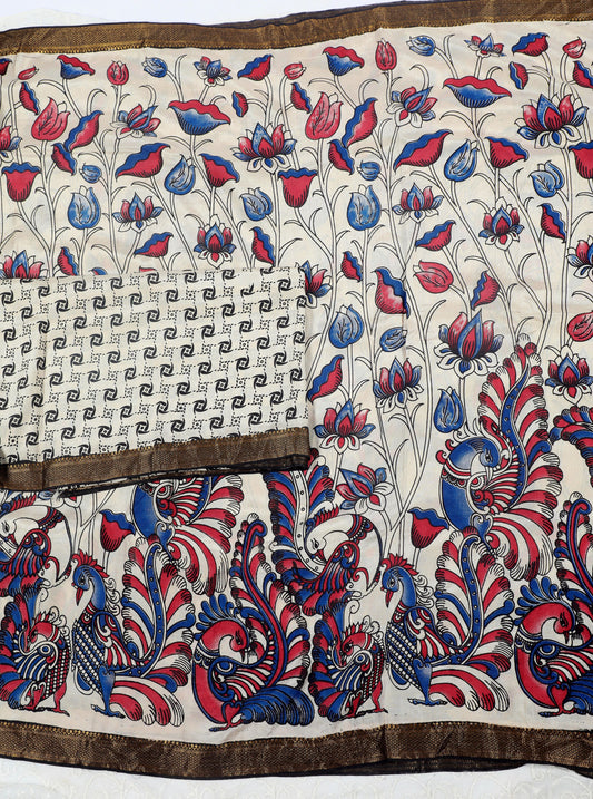 Ivory Kalamkari Mangalagiri Silk Saree with Peacock & Floral Motifs