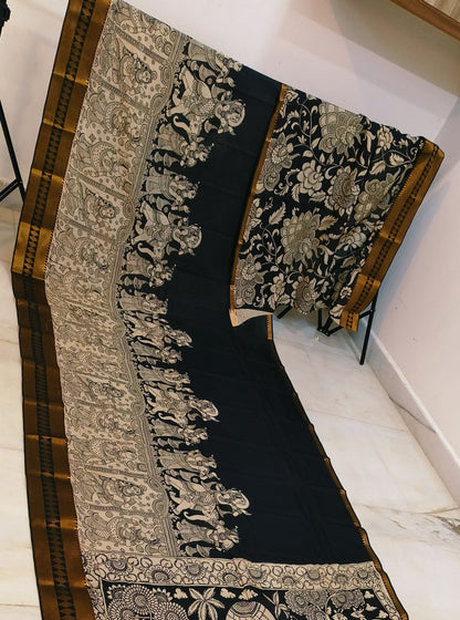 Classic Black Pen Kalamkari Saree with Mythological Narrative Panels & Antique Border