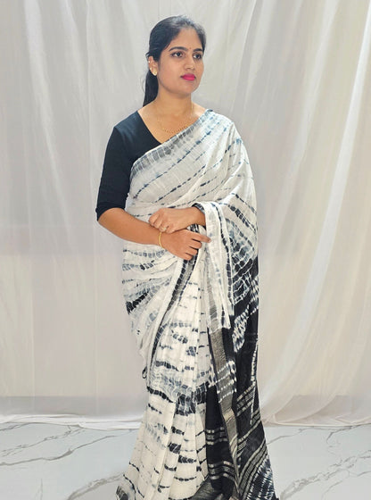 Ivory & Black Linen Cotton Saree with Shibori-Inspired Tie-Dye Patterns