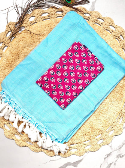 Aqua Blue Mul Cotton Saree with White Tasselled Pallu & Magenta Printed Blouse