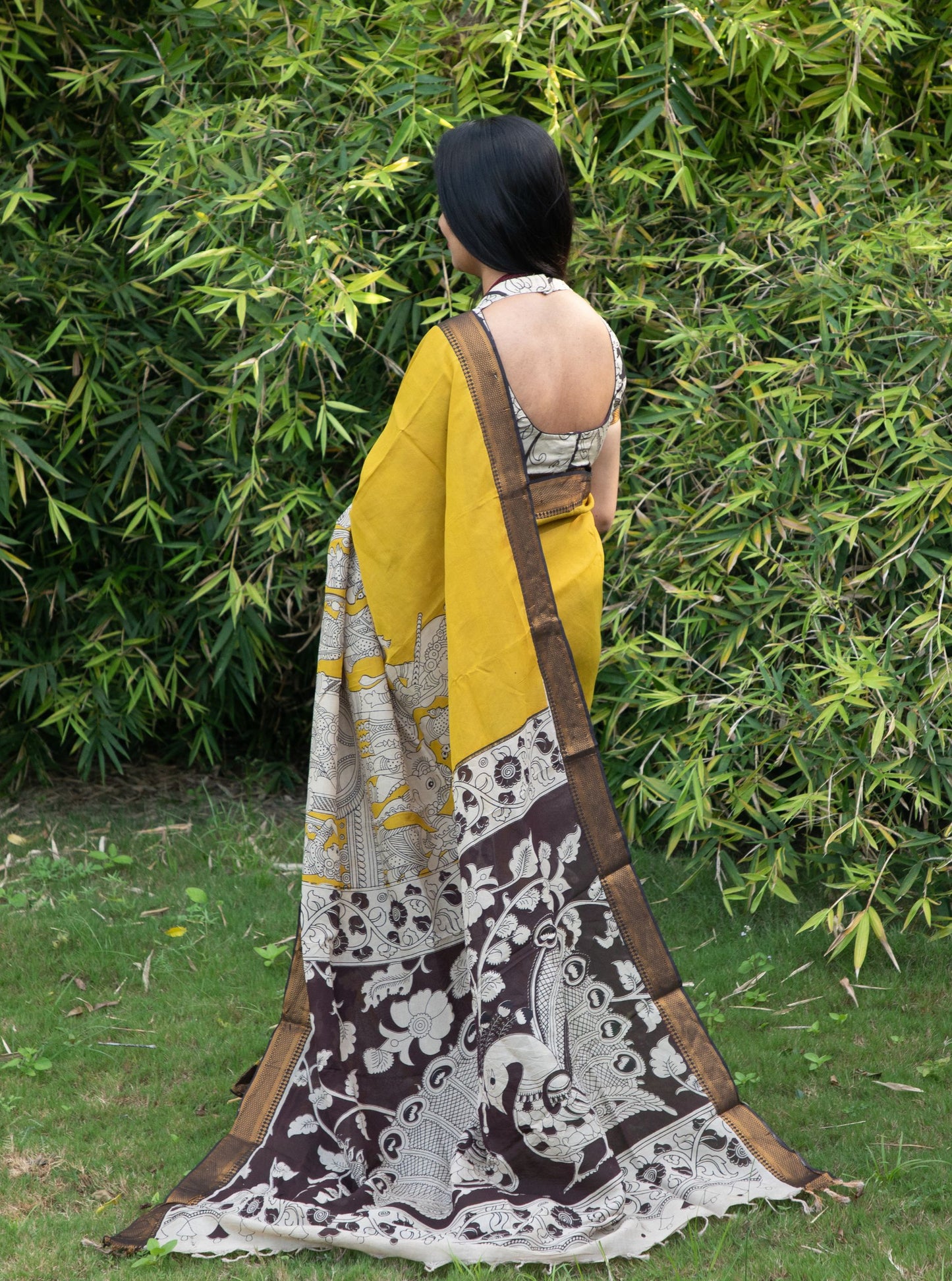 Mustard Yellow Kalamkari Mangalagiri Silk Saree with Contrast Pallu