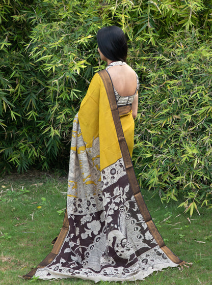 Mustard Yellow Kalamkari Mangalagiri Silk Saree with Contrast Pallu