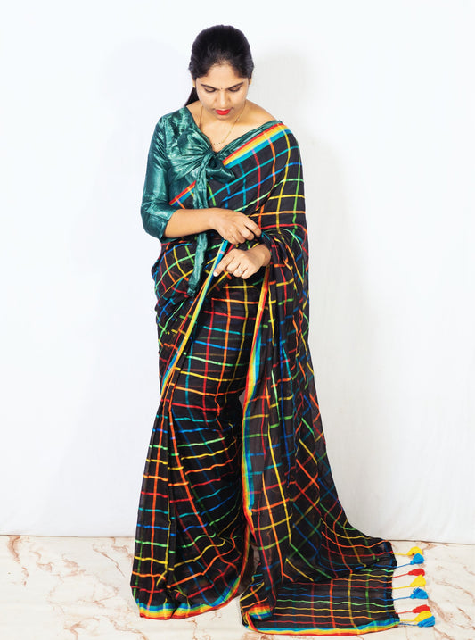 Black Mul Cotton Saree with Multicolor Checks & Tassel Pallu