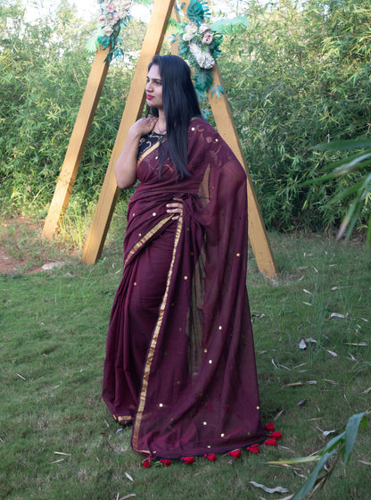 Maroon Mul Cotton Saree with Golden Polka Weave & Tassel Pallu