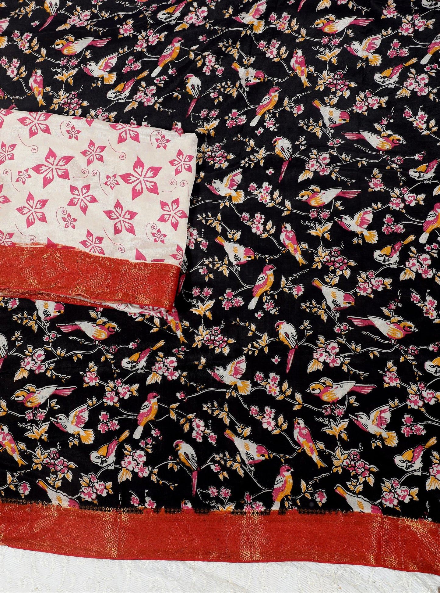 Black Kalamkari Mangalagiri Silk Saree with Handcrafted Bird & Floral Motifs