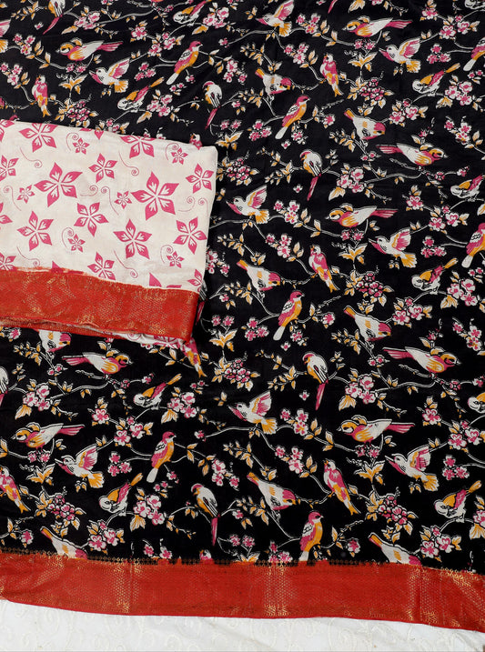 Black Kalamkari Mangalagiri Silk Saree with Handcrafted Bird & Floral Motifs