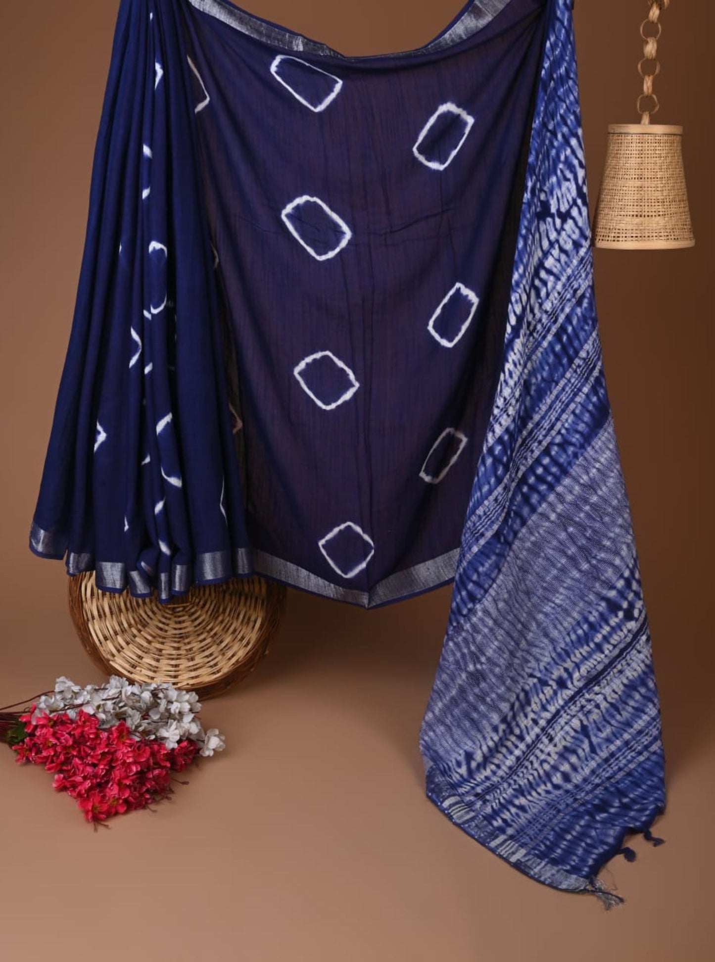 Indigo Blue Linen Cotton Saree with Shibori-Inspired Geometric Motifs