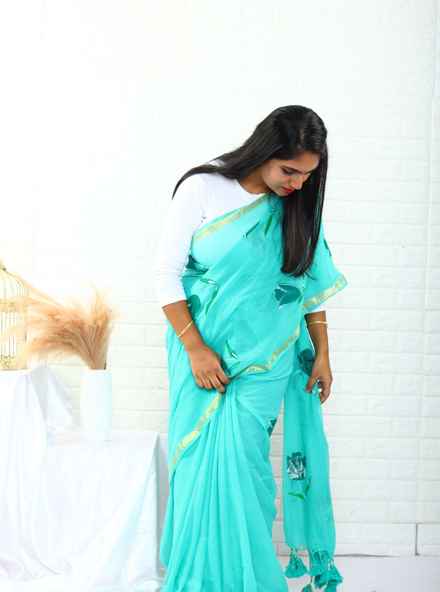 Artistic Blue Mul Cotton Saree with Elegant Hand Painted Detailing for Festive & Daily Wear
