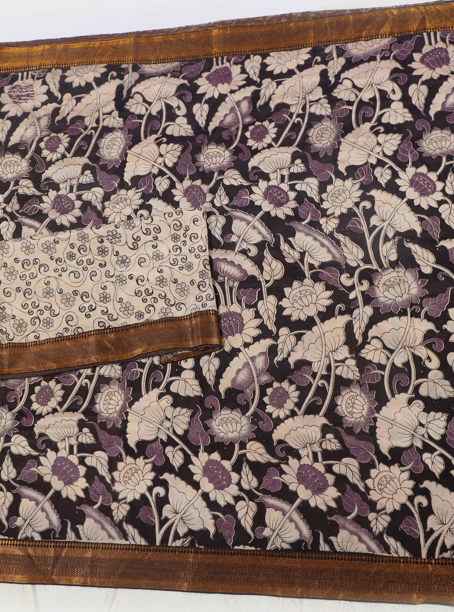 Black & Purple Floral Kalamkari Mangalagiri Silk Saree with Zari Border