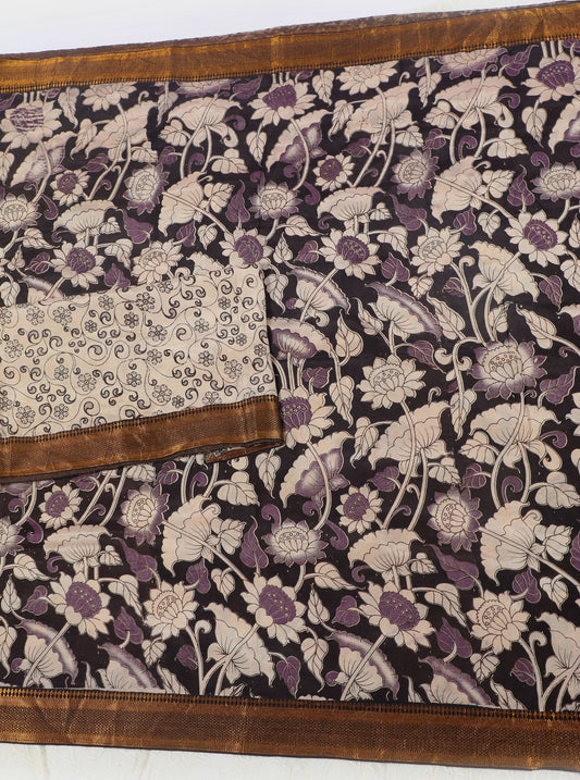 Black & Purple Floral Kalamkari Mangalagiri Silk Saree with Zari Border