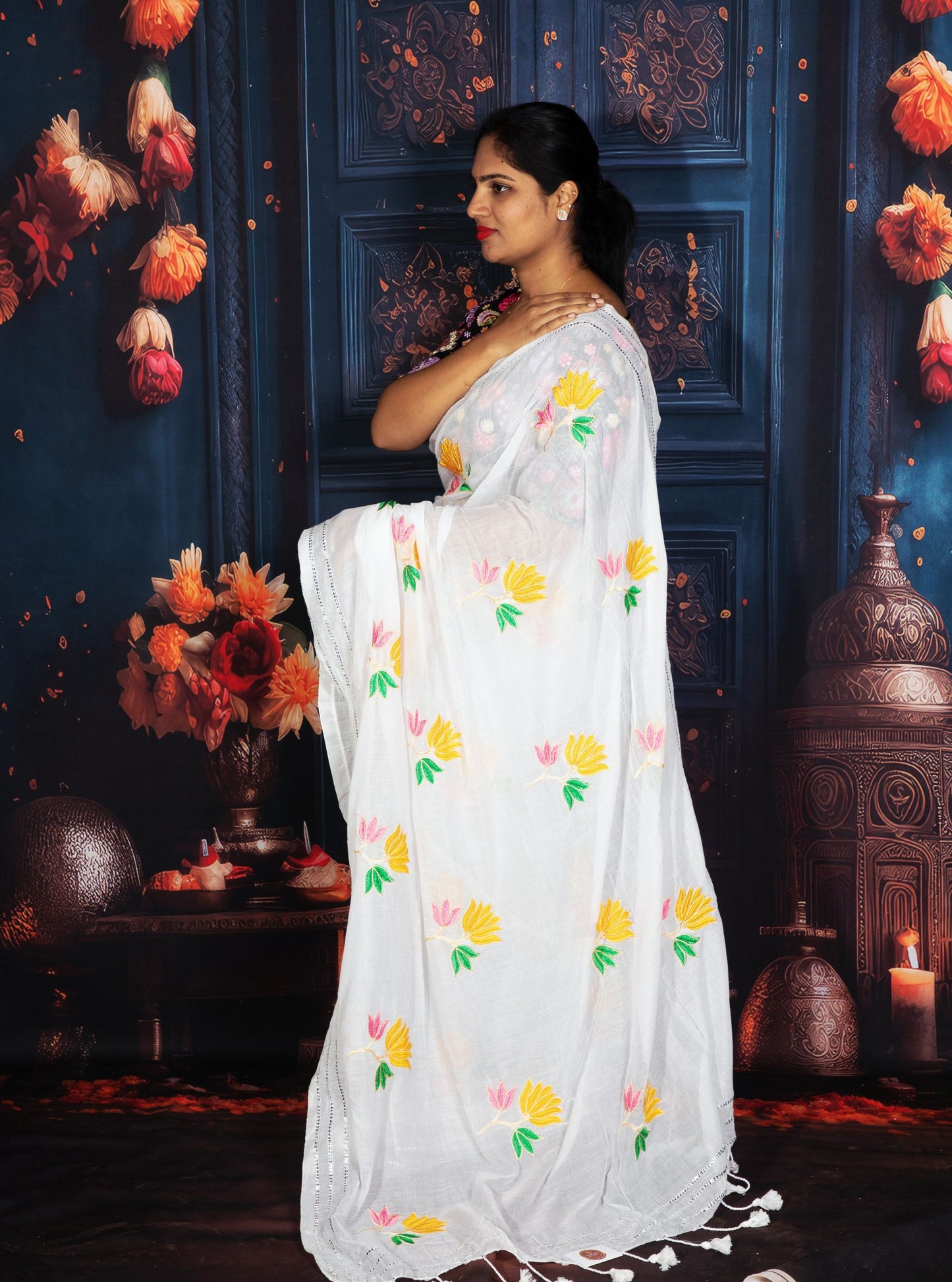 White Mul Cotton Saree with Colorful Floral Embroidery & Tassel Pallu