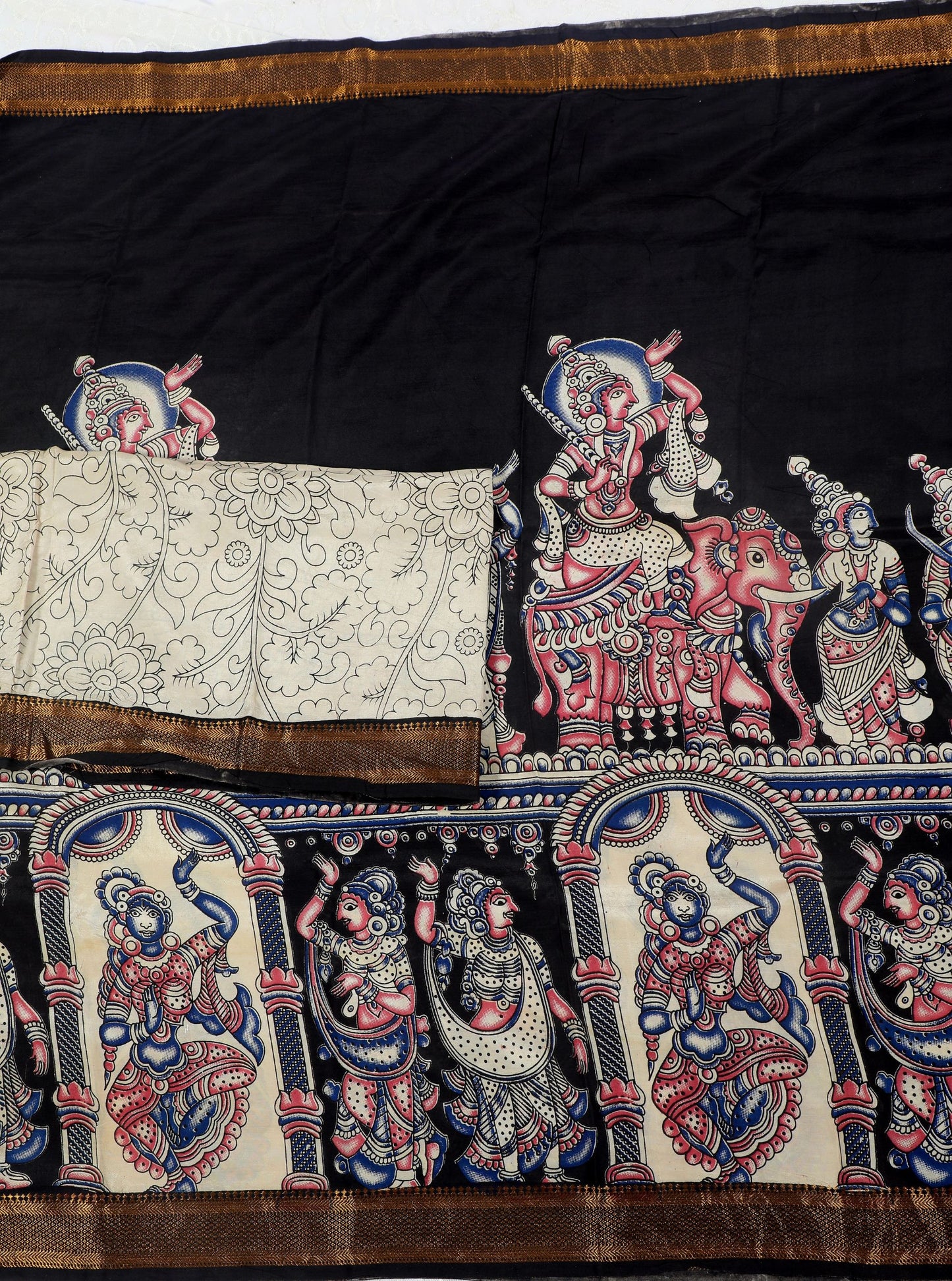 Black Kalamkari Mangalagiri Silk Saree with Elephant Motifs & Mythological Pallu
