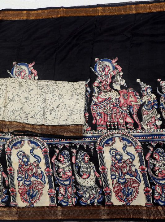 Black Kalamkari Mangalagiri Silk Saree with Elephant Motifs & Mythological Pallu