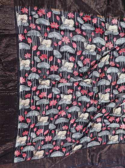 Black Tussar Silk Saree with Tribal Cow & Lotus Motif Print
