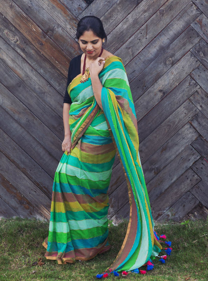 Multicolor Striped Mul Cotton Saree with Contrast Tassel Pallu