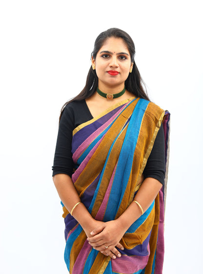 Elegant Brown, Blue and Pink Multicolor Mul Cotton Saree for Everyday Wear