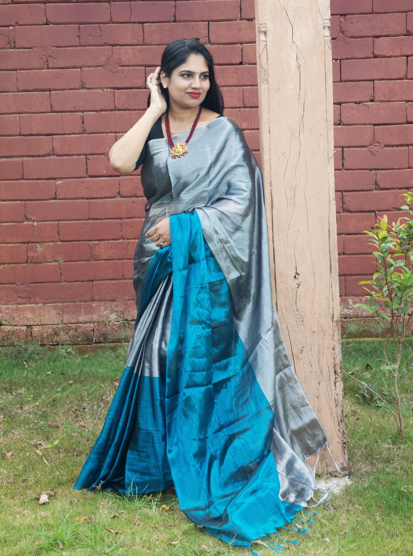 Silver & Teal Tissue Cotton Saree with Shimmer Finish